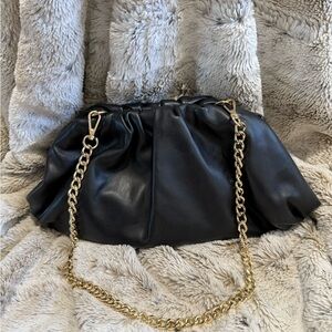 INC Black Faux Leather Clutch with Gold Chain Strap